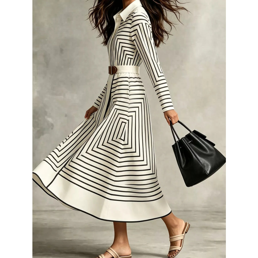 Geometric Striped Midi Shirt Dress Apparel and Accessories