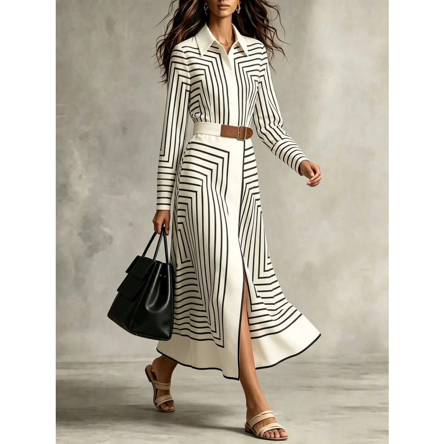 Geometric Striped Midi Shirt Dress White / S Apparel and Accessories