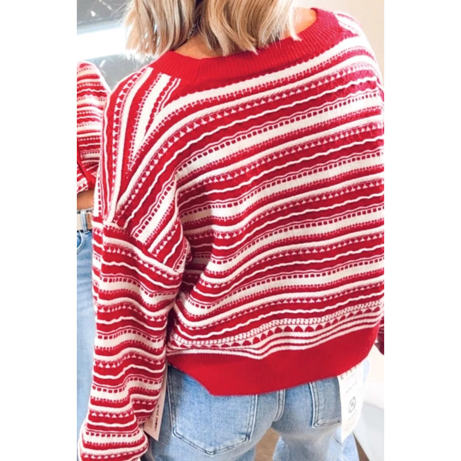 Geometric Striped Pattern V Neck Button Front Casual Knit Cardigan Apparel and Accessories