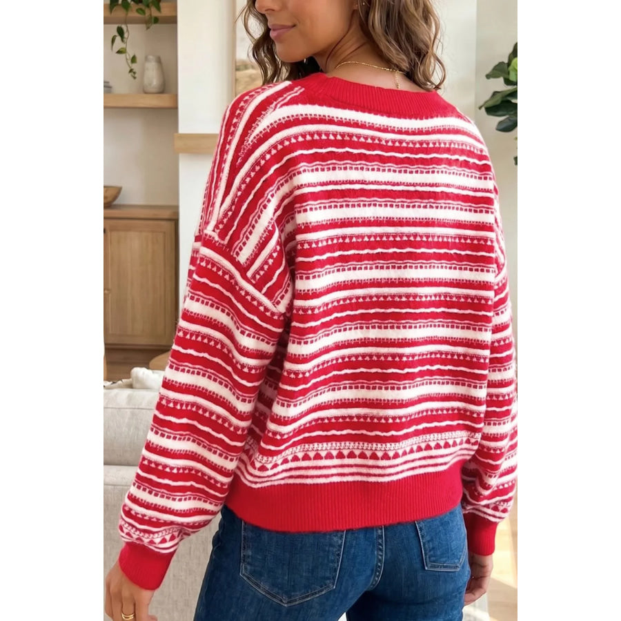 Geometric Striped Pattern V Neck Button Front Casual Knit Cardigan Apparel and Accessories