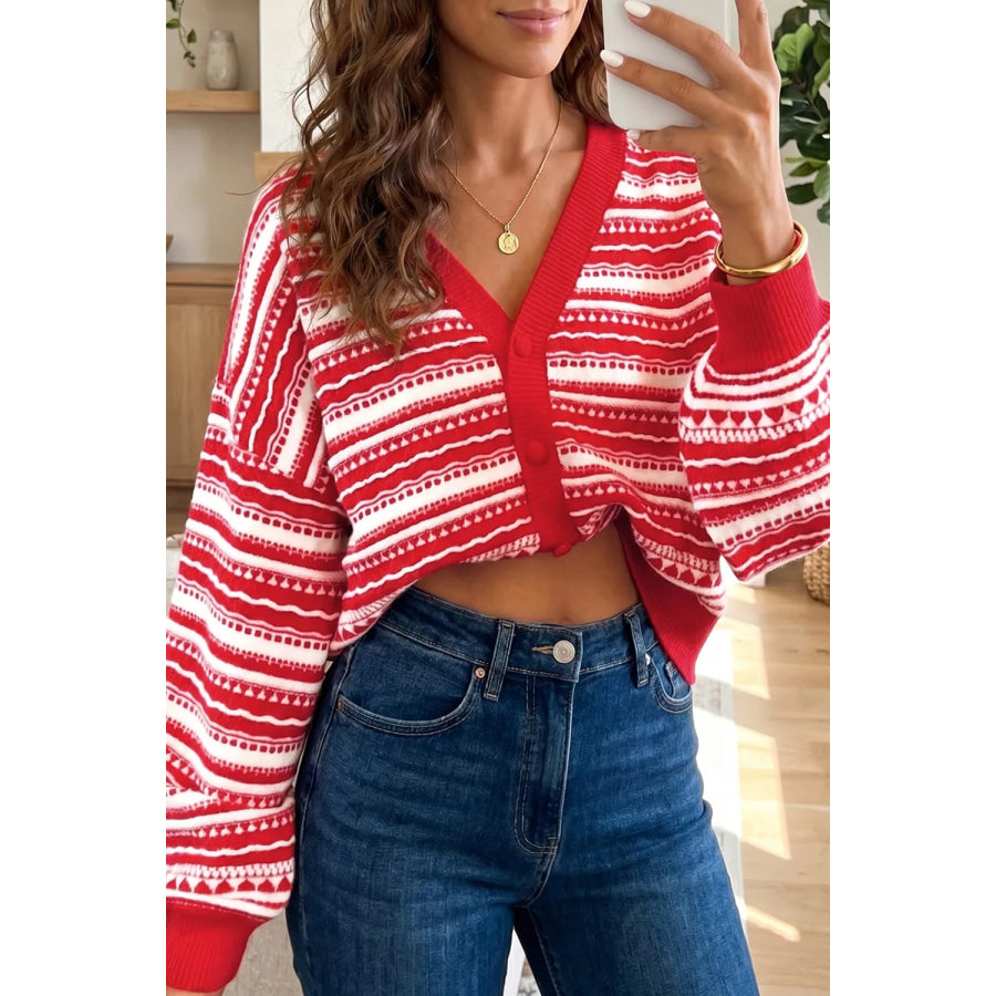 Geometric Striped Pattern V Neck Button Front Casual Knit Cardigan Deep Red / S Apparel and Accessories