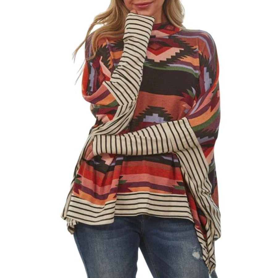 Geometric Striped Splicing Round Neck Blouse Multicolor / S Women’s Fashion Clothing