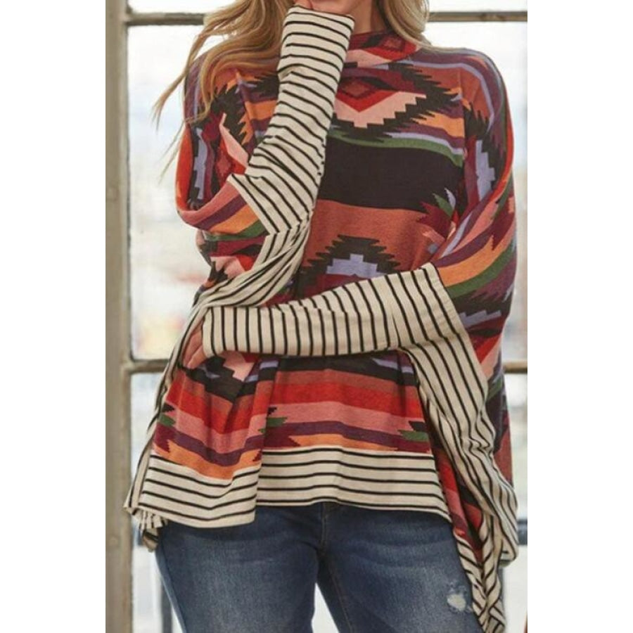 Geometric Striped Splicing Round Neck Blouse Women’s Fashion Clothing