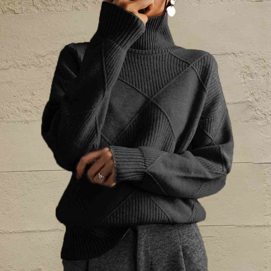 Geometric Turtleneck Long Sleeve Sweater Black / S