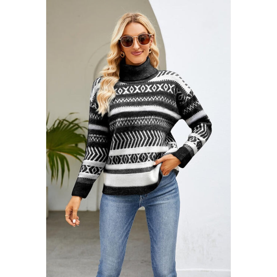 Geometric Turtleneck Long Sleeve Sweater Clothing