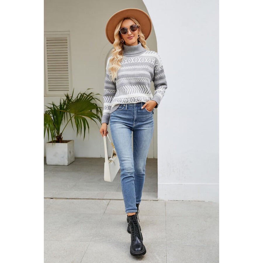 Geometric Turtleneck Long Sleeve Sweater Clothing