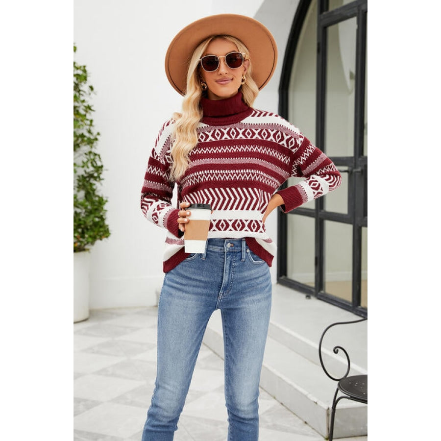 Geometric Turtleneck Long Sleeve Sweater Clothing