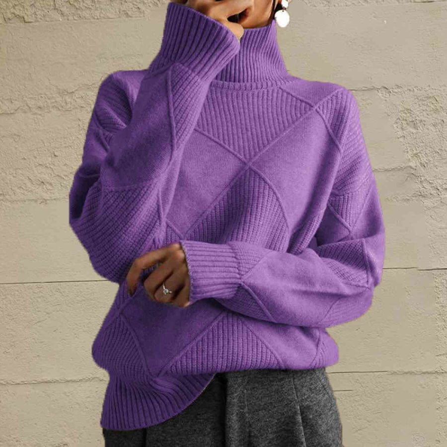 Geometric Turtleneck Long Sleeve Sweater Dusty Purple / S