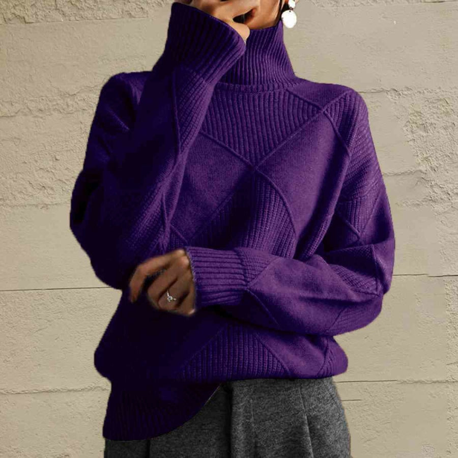 Geometric Turtleneck Long Sleeve Sweater Plum / S