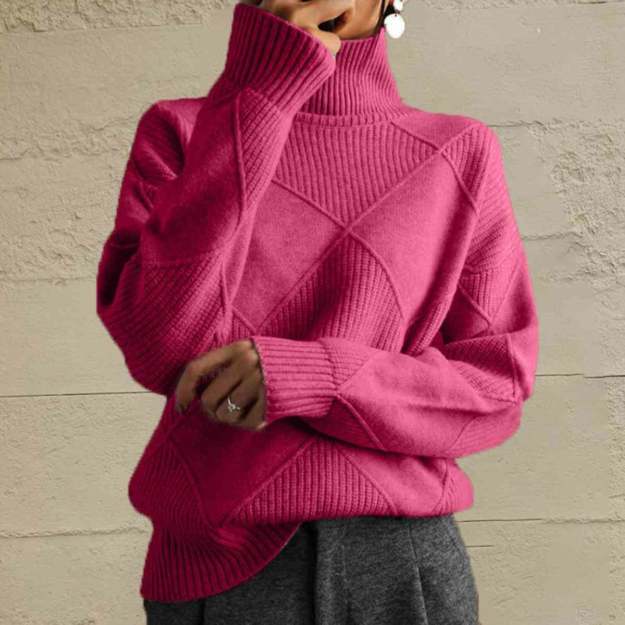 Geometric Turtleneck Long Sleeve Sweater Strawberry / S