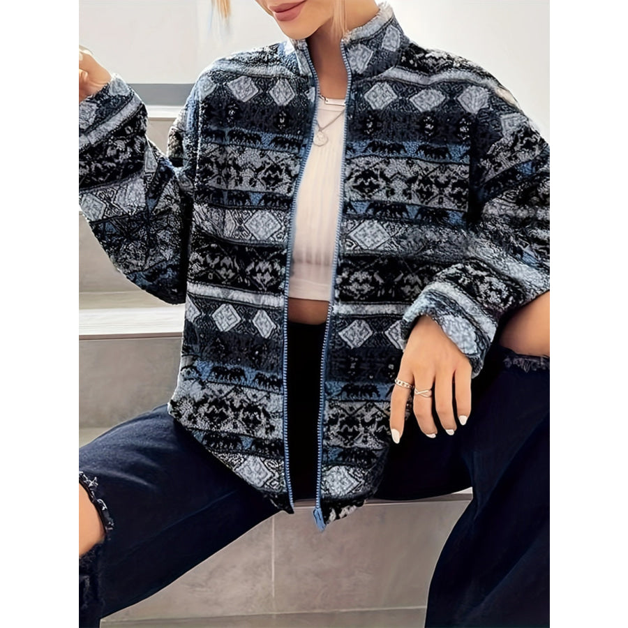 Geometric Turtleneck Zip Up Jacket Dark Blue / S Apparel and Accessories