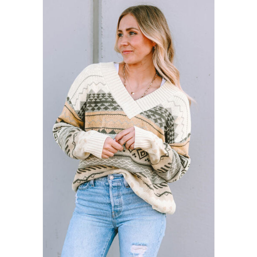 Geometric V - Neck Dropped Shoulder Sweater Apparel and Accessories