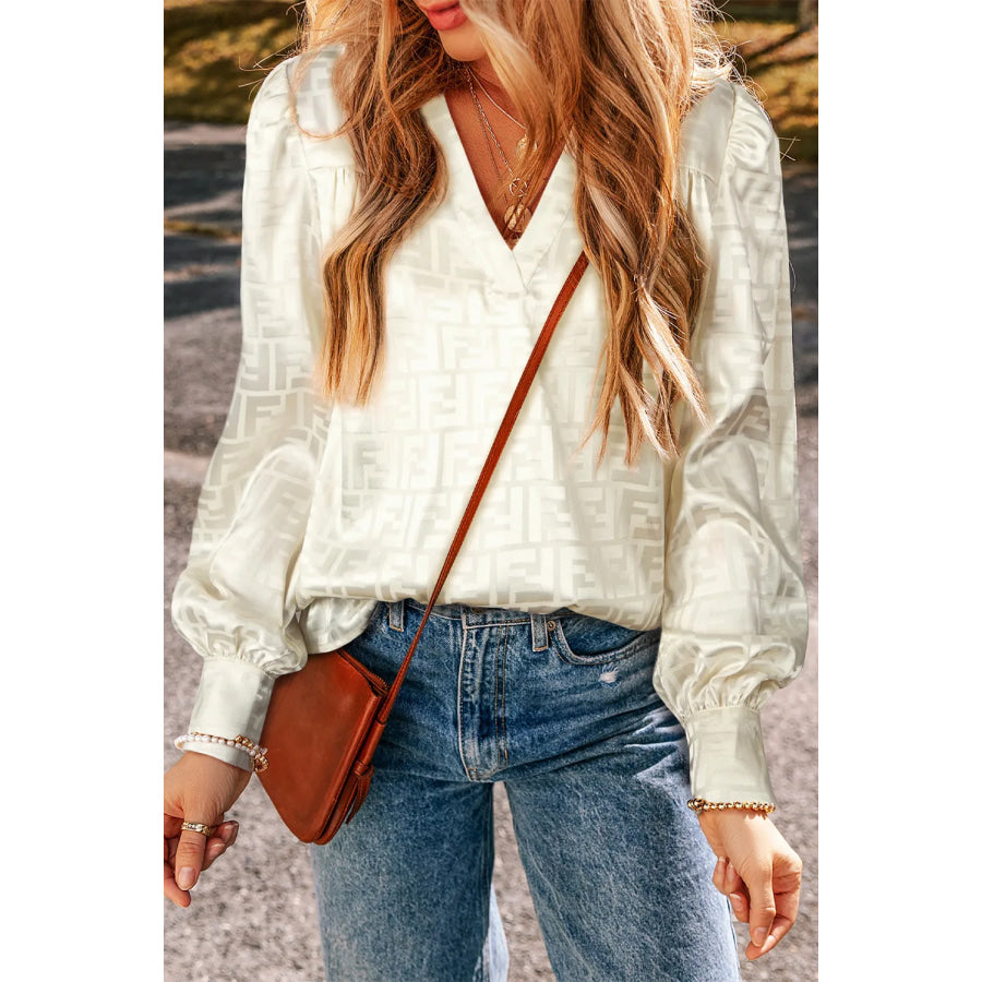 Geometric V-Neck Long Sleeve Blouse Ivory / S Apparel and Accessories