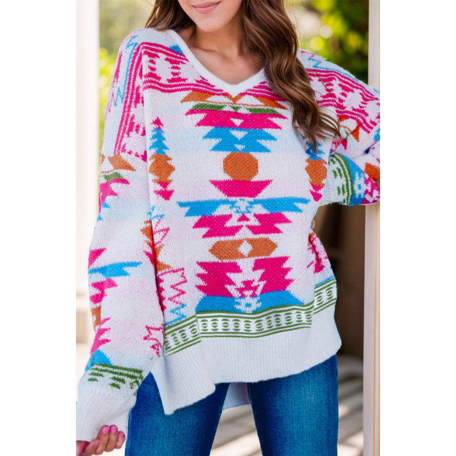 Geometric V-Neck Long Sleeve Sweater White / S Apparel and Accessories