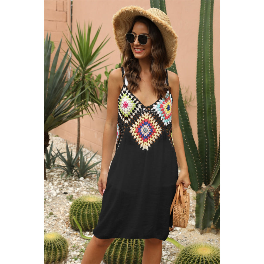 Geometric V - Neck Spaghetti Strap Cover Up Dress Black / One Size Apparel and Accessories