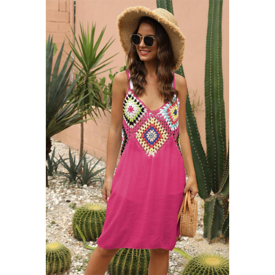 Geometric V - Neck Spaghetti Strap Cover Up Dress Deep Rose / One Size Apparel and Accessories