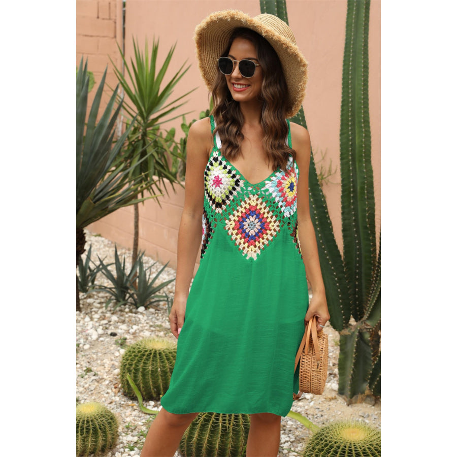 Geometric V - Neck Spaghetti Strap Cover Up Dress Mid Green / One Size Apparel and Accessories