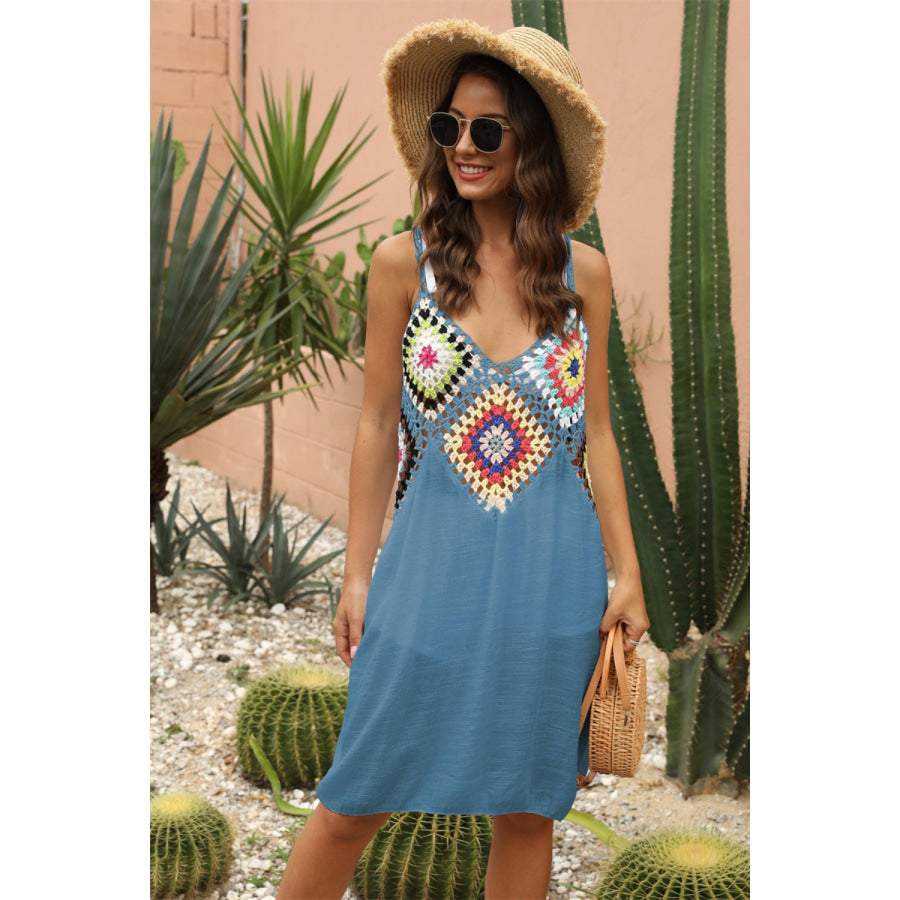 Geometric V - Neck Spaghetti Strap Cover Up Dress Sky Blue / One Size Apparel and Accessories