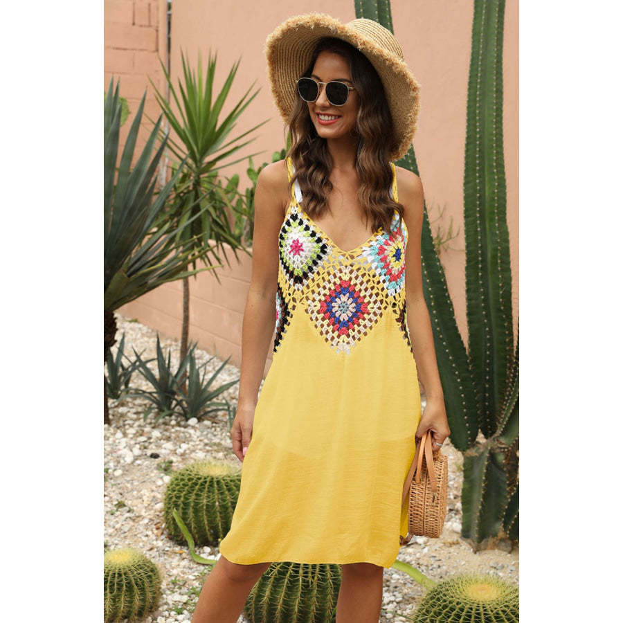 Geometric V - Neck Spaghetti Strap Cover Up Dress True Yellow / One Size Apparel and Accessories