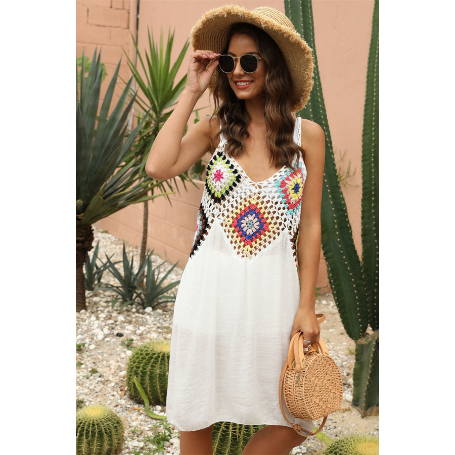 Geometric V - Neck Spaghetti Strap Cover Up Dress White / One Size Apparel and Accessories