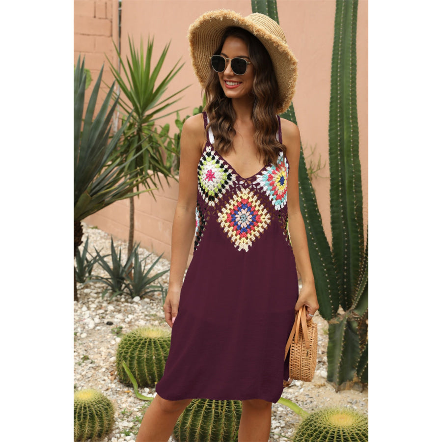 Geometric V - Neck Spaghetti Strap Cover Up Dress Wine / One Size Apparel and Accessories