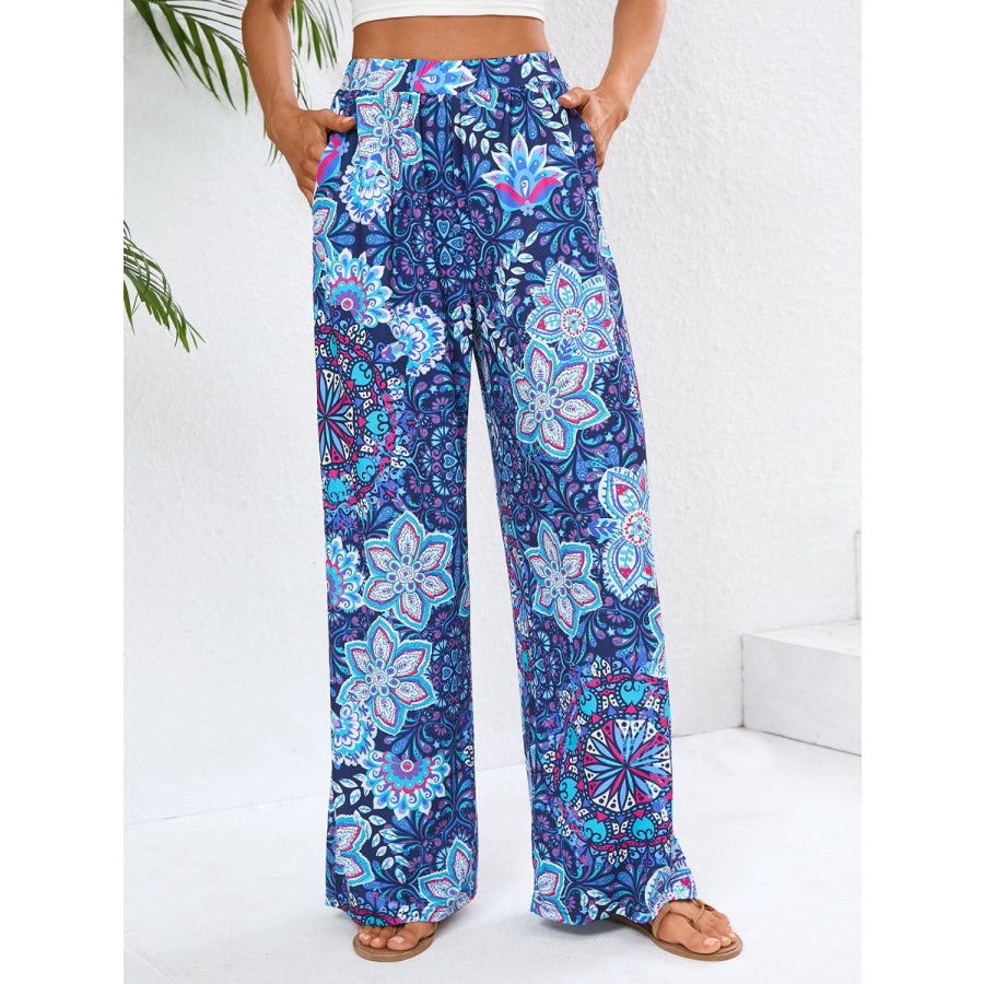 Geometric Wide Leg Pants with Pockets Blue / S Apparel and Accessories