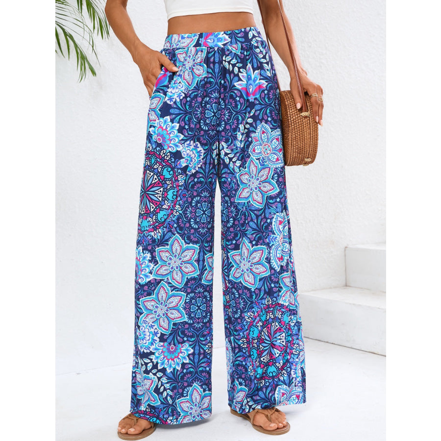 Geometric Wide Leg Pants with Pockets Blue / S Apparel and Accessories