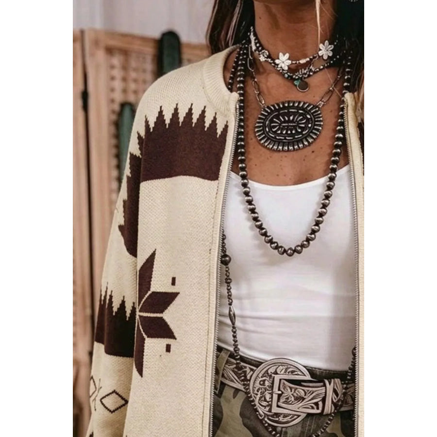 Geometric Zip-Up Knit Cardigan Apparel and Accessories