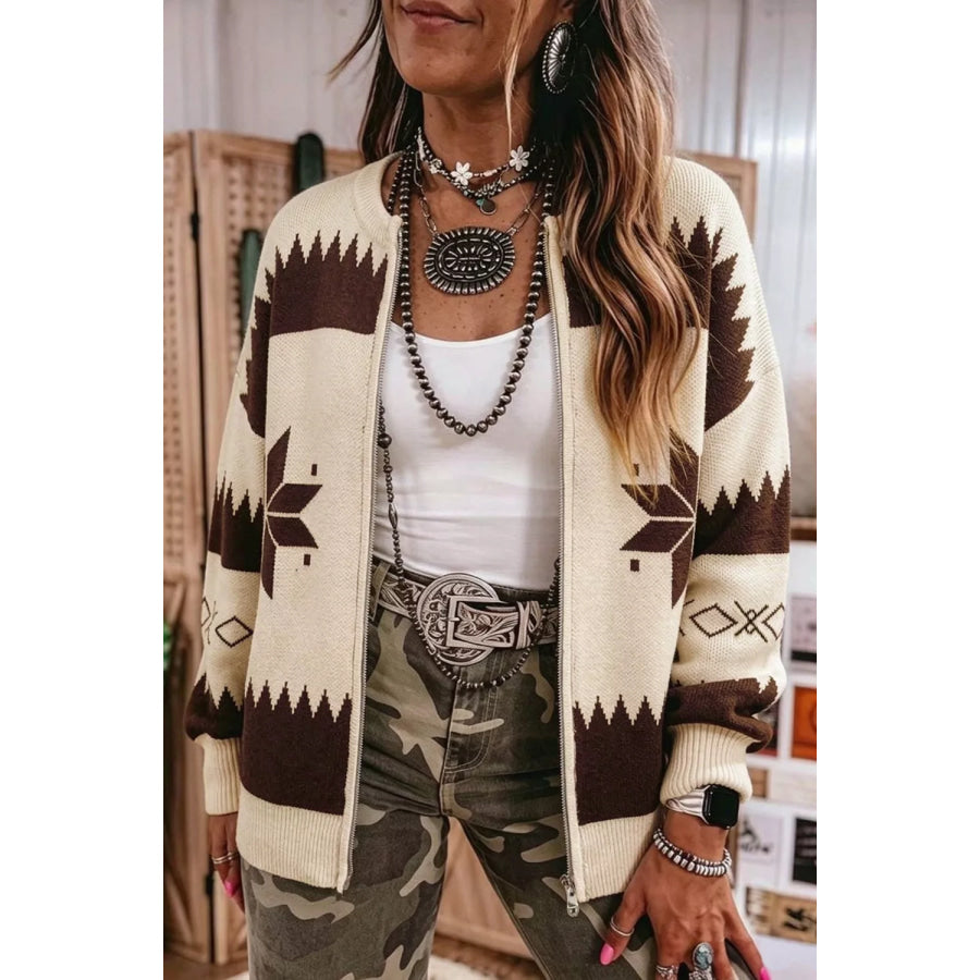 Geometric Zip-Up Knit Cardigan Beige / M Apparel and Accessories