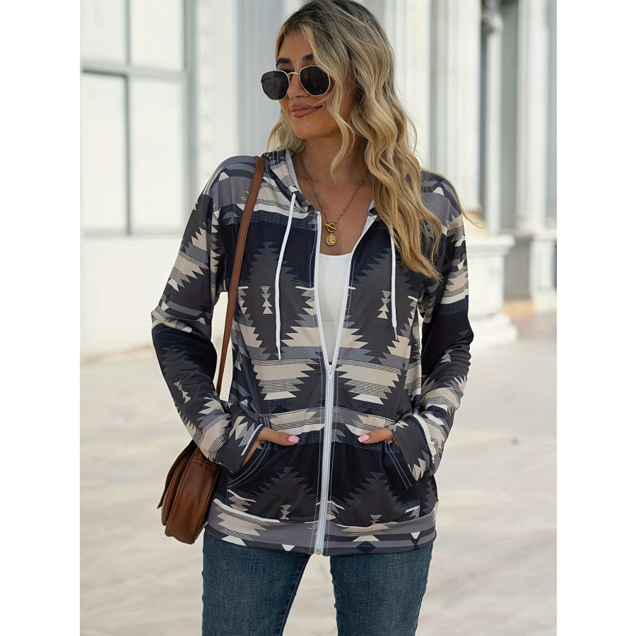 Geometric Zip Up Long Sleeve Hooded Jacket Apparel and Accessories