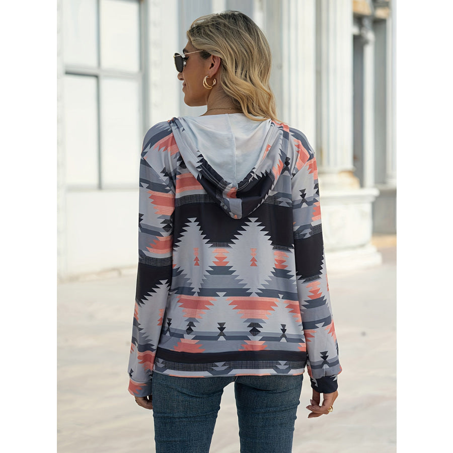 Geometric Zip Up Long Sleeve Hooded Jacket Apparel and Accessories