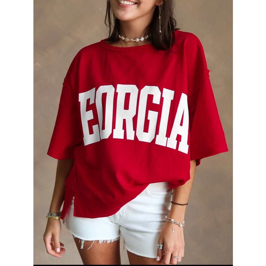 GEORGIE Letter Raw Seam Drop Shoulder Loose Tee Deep Red / S Apparel and Accessories