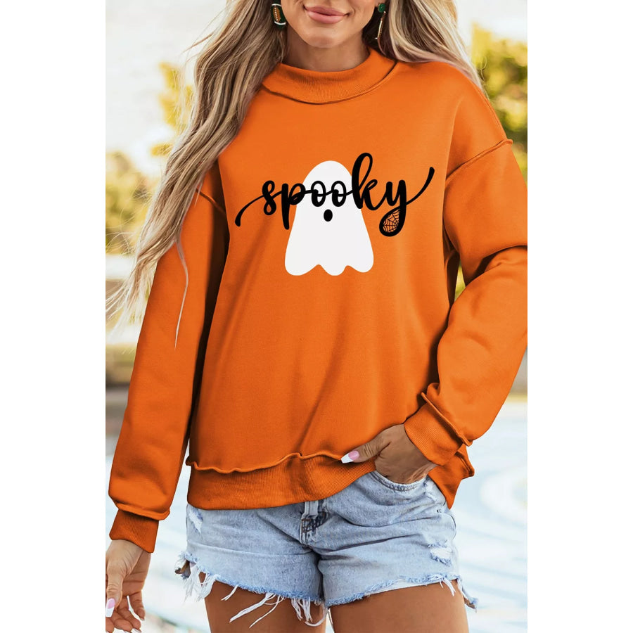 Ghost/ BOO Reversible Print Mock Neck Casual Sweatshirt Orange / S Apparel and Accessories