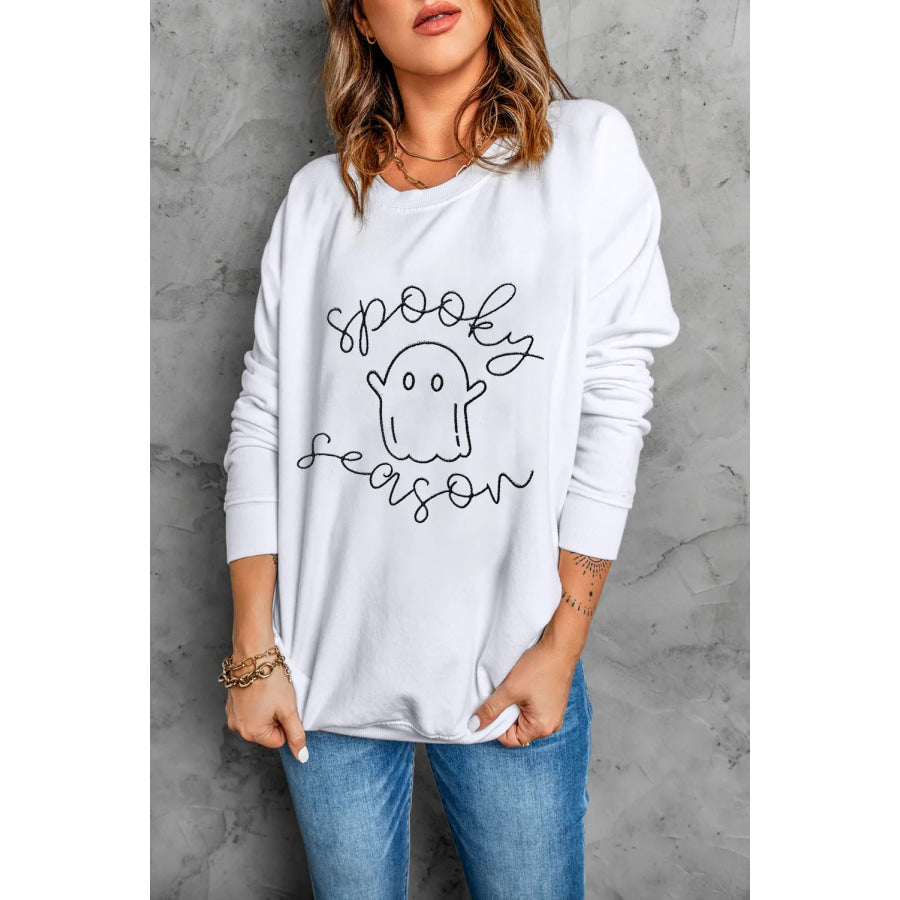 Ghost Graphic Long Sleeve Dropped Shoulder Sweatshirt White / S Apparel and Accessories