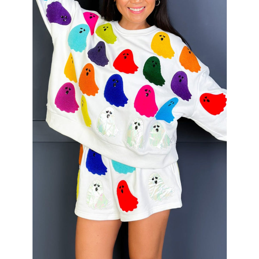 Ghost Printed Round Neck Long Sleeve Top and Shorts Set Apparel and Accessories