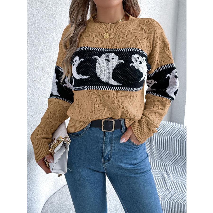 Ghost Round Neck Long Sleeve Sweater Apparel and Accessories