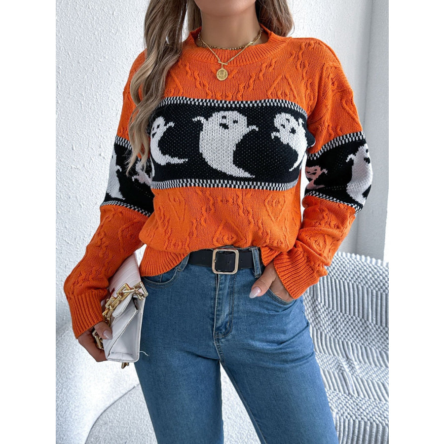 Ghost Round Neck Long Sleeve Sweater Orange / S Apparel and Accessories