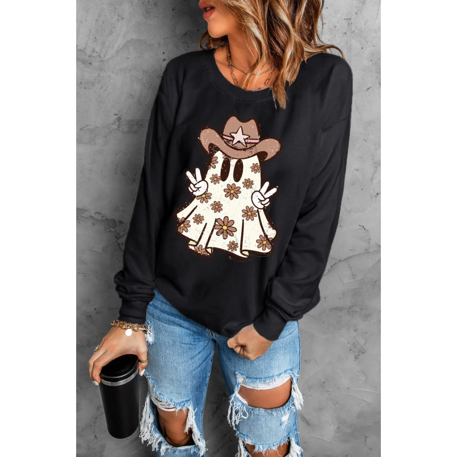 Ghost Round Neck Long Sleeve Sweatshirt Black / S Apparel and Accessories