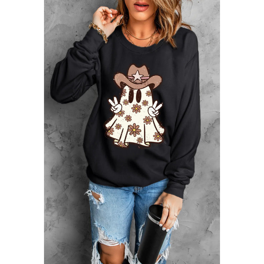 Ghost Round Neck Long Sleeve Sweatshirt Black / S Apparel and Accessories