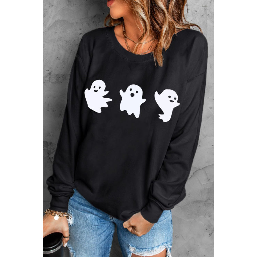 Ghost Round Neck Long Sleeve Sweatshirt Black / S Apparel and Accessories