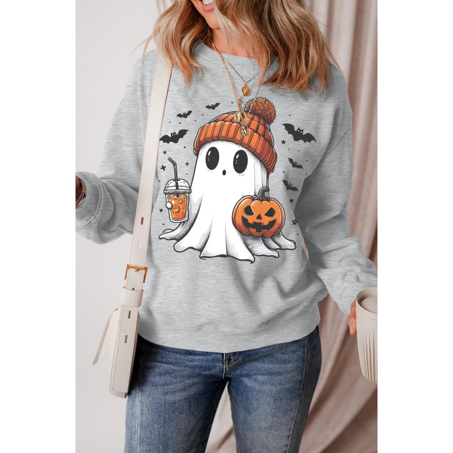 Ghost Round Neck Long Sleeve Sweatshirt Gray / S Apparel and Accessories