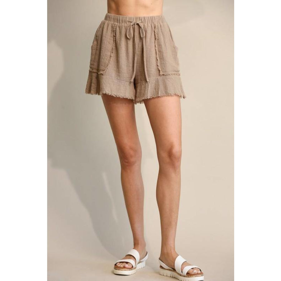 Gigio Lined Fluttered Hem Patch Pocket Shorts with Cut Edge Detail and Elastic Waist Tan / S Shorts