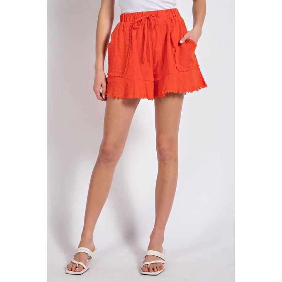 Gigio Lined Fluttered Hem Patch Pocket Shorts with Cut Edge Detail and Elastic Waist Tomato / S Shorts