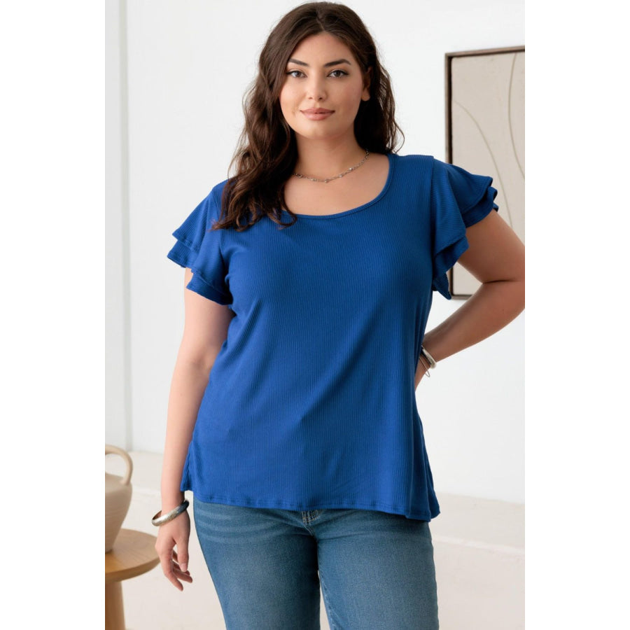 Gilli Plus Size Short Fluttery Sleeve Round Neck Top Royal Blue / 1XL Apparel and Accessories