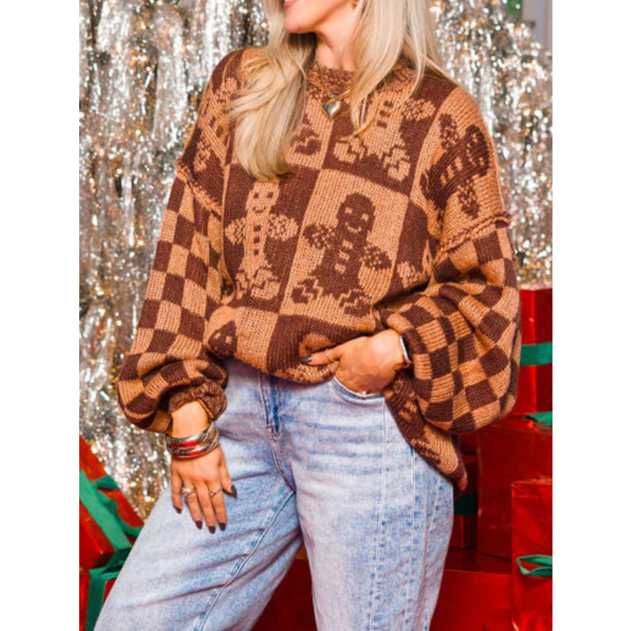 Gingerbread Man Round Neck Drop Shoulder Sweater Apparel and Accessories