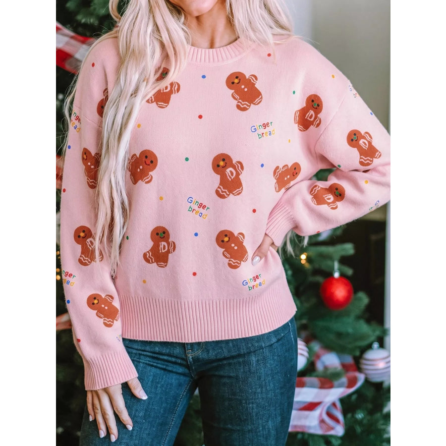 Gingerbread Pattern Long Sleeve Round Neck Sweater Blush Pink / S Apparel and Accessories