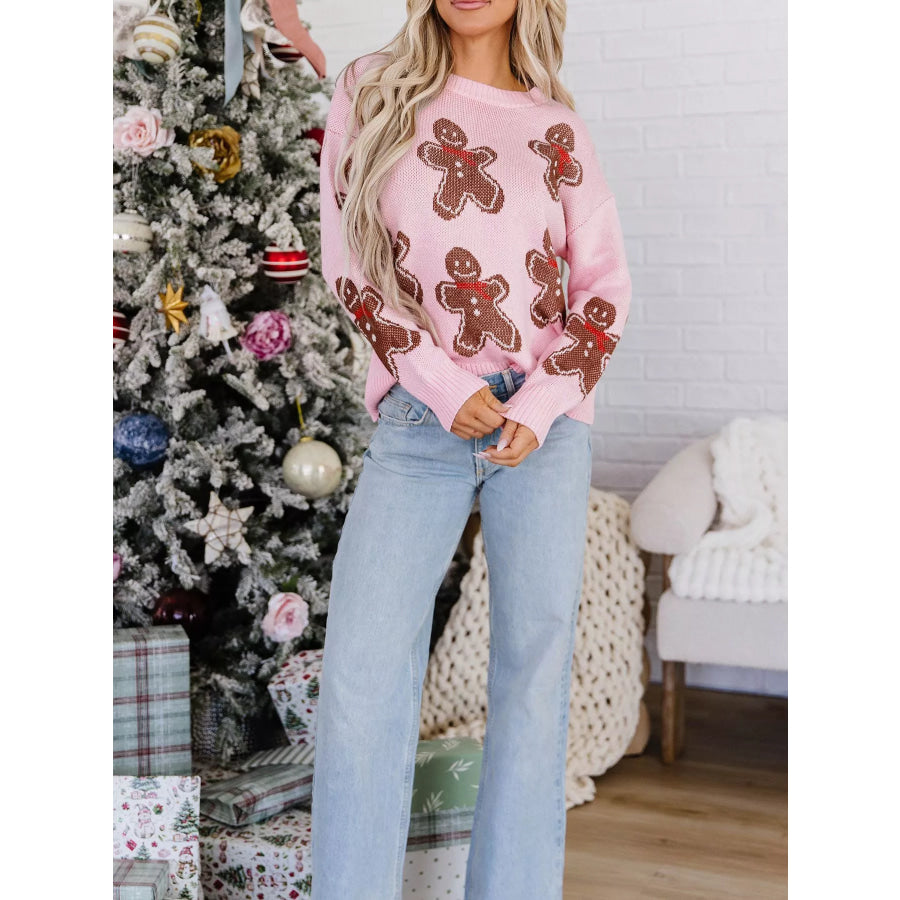 Gingerbread Pattern Round Neck Long Sleeve Shift Sweater Apparel and Accessories