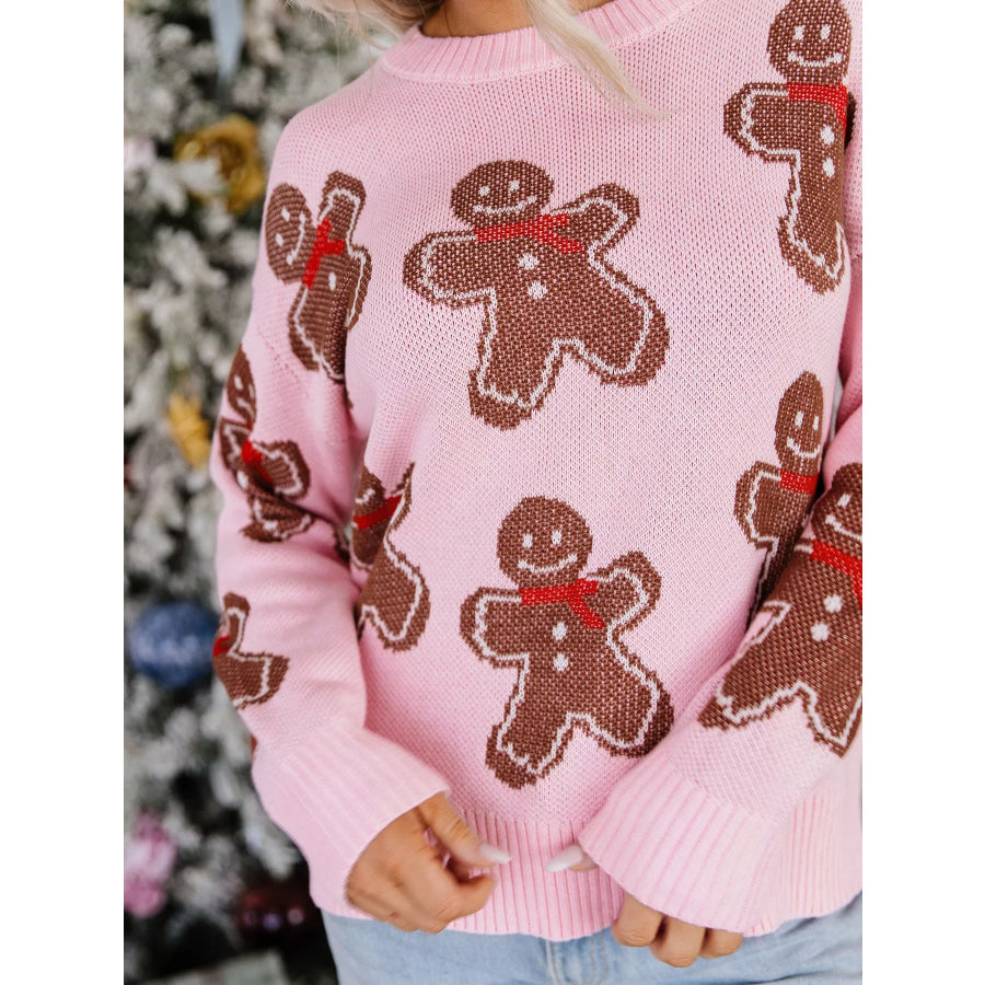 Gingerbread Pattern Round Neck Long Sleeve Shift Sweater Apparel and Accessories