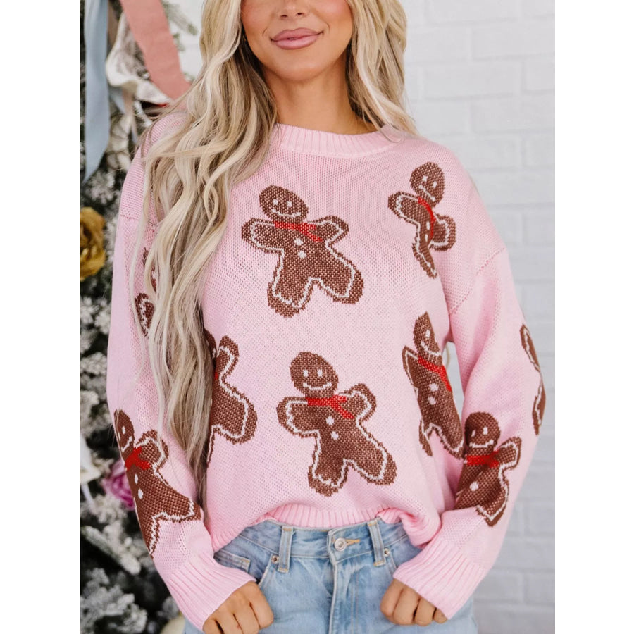 Gingerbread Pattern Round Neck Long Sleeve Shift Sweater Apparel and Accessories