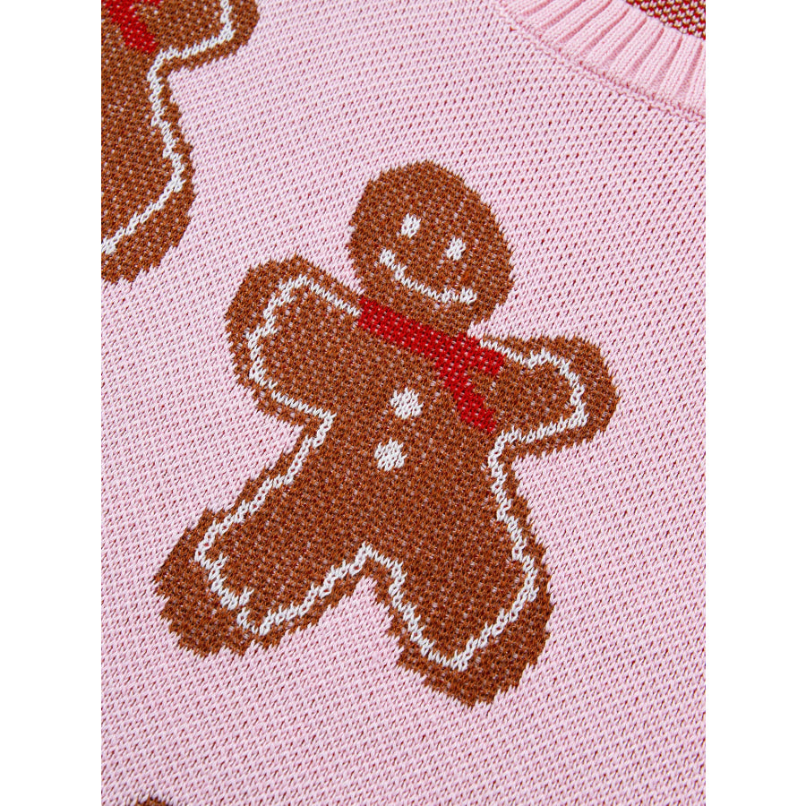 Gingerbread Pattern Round Neck Long Sleeve Shift Sweater Apparel and Accessories